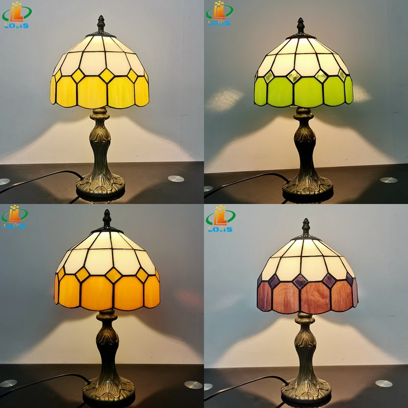 20CM European style simple stained glass lattice table lamp Tiffany style bedroom bedside study reading lamp bar decoration lamp