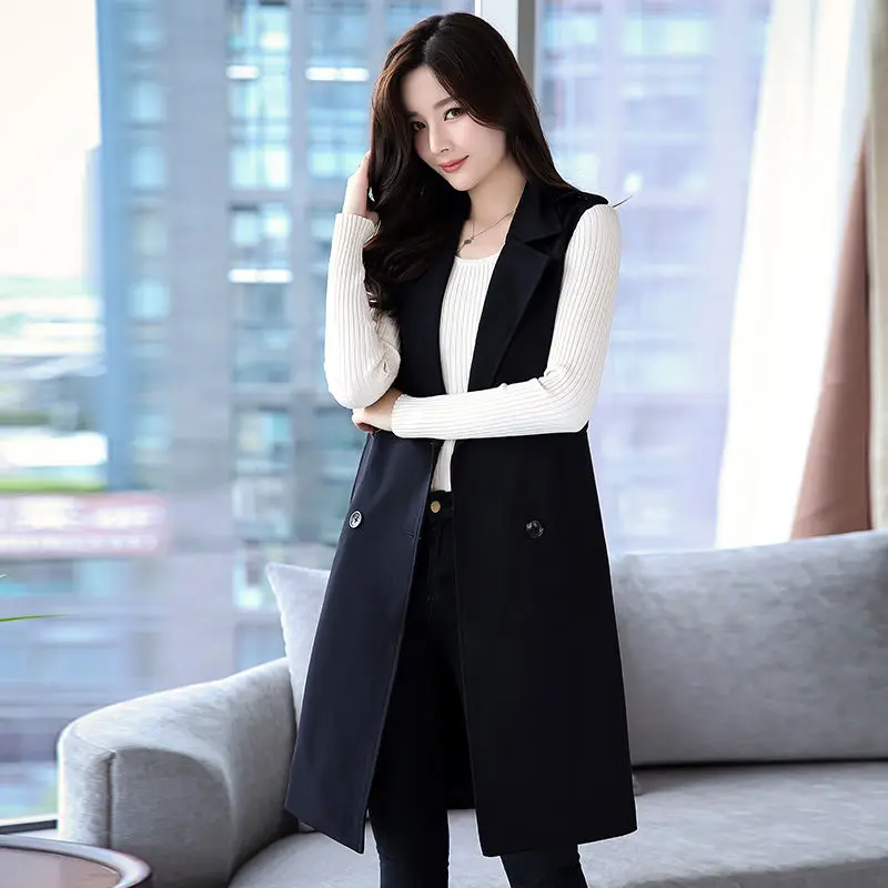 black New Spring Autumn Long Suit Vest Women Double-Breasted Sleeveless Cardigan Jacket Female Elegant Blazer Vest Chaleco Mujer C5179 - Цвет: black