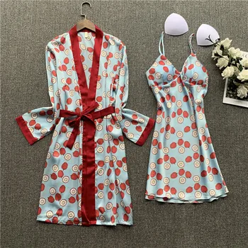 

Satin 2PCS Sleep Set Female Casual Sleepwear Kimono Gown Women Nighty&Robe Suit Sexy Intimate Lingerie Print Bathrobe Nightgown