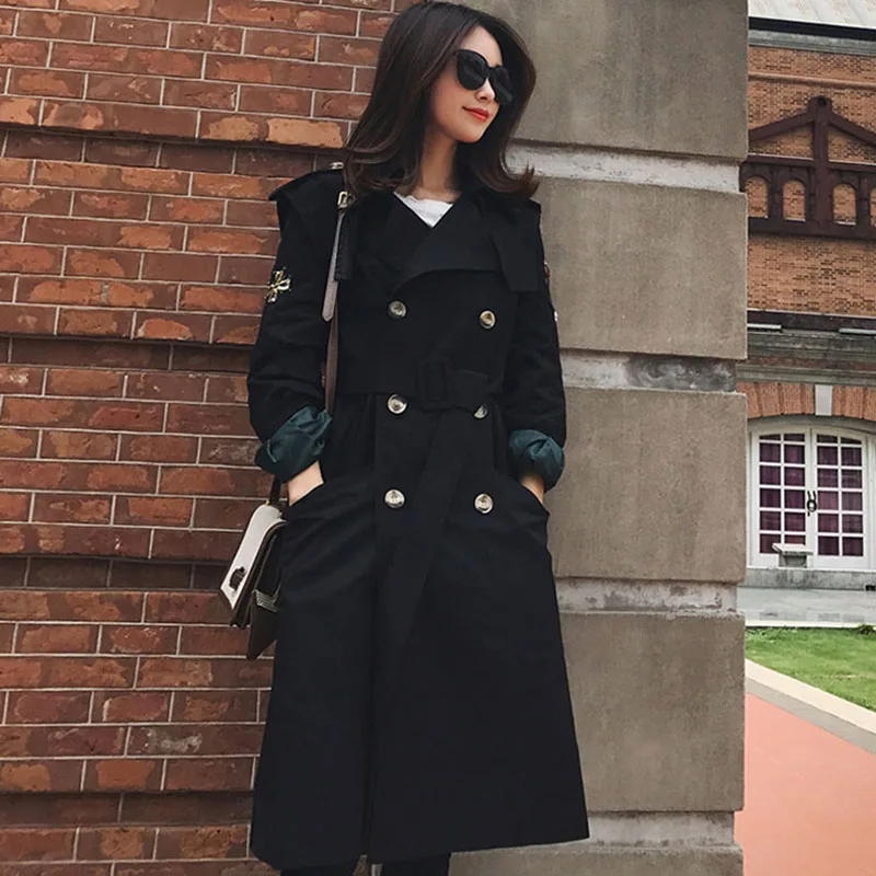 

2019 New Spring womens fashion Casual Long trench Coat Women Embroidery Khaki Windbreaker Female Outerwear with Belt FY01