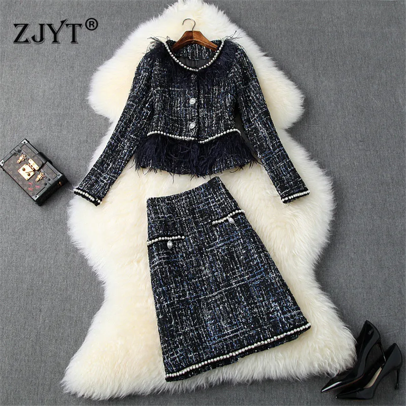 

High Quality Fall Winter Designers Runway Skirt 2piece Set Women Fashion Vintage Tassel Pearls Tweed Jacket Coat+Skirt Suit Sets