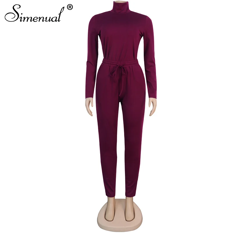 burgundy Simenual, Повседневная Базовая спортивная одежда, комплекты для женщин, длинный рукав, водолазка, тренировочные костюмы, модный однотонный топ и штаны, набор, Новинка - Цвет: burgundy
