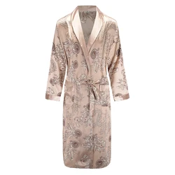 New Long Sleeve Robe Satin Sleepwear Print Dragon Phoenix Kimono Bathrobe Gown Mens Casual Home Clothes Loose Pajamas L-XXL