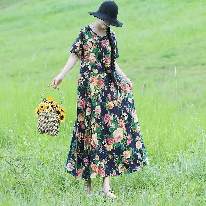 

Photo Shoot Summer Wear New Style Short Sleeve Printed Loose-Fit Retro National Wind Frog Cotton Linen Dress Women's