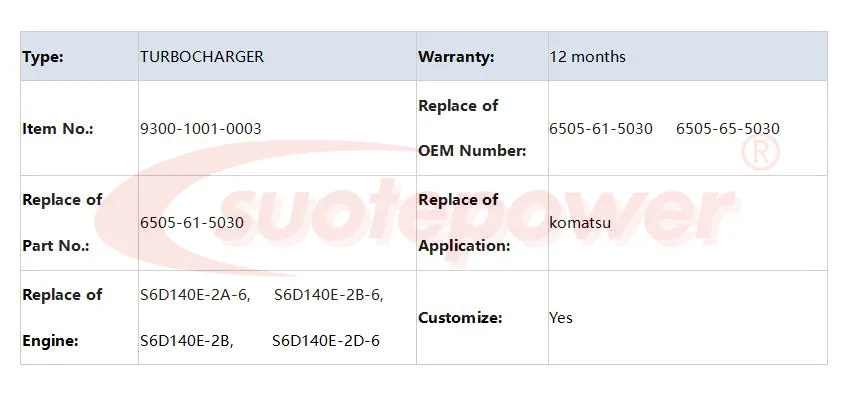 P/N 9300-1001-0003 заменить Suotepower KTR110 Турбокомпрессор 6505-61-5030 6505-61-5041 6505-65-5030 для Komatsu KTR110L-585E turbo