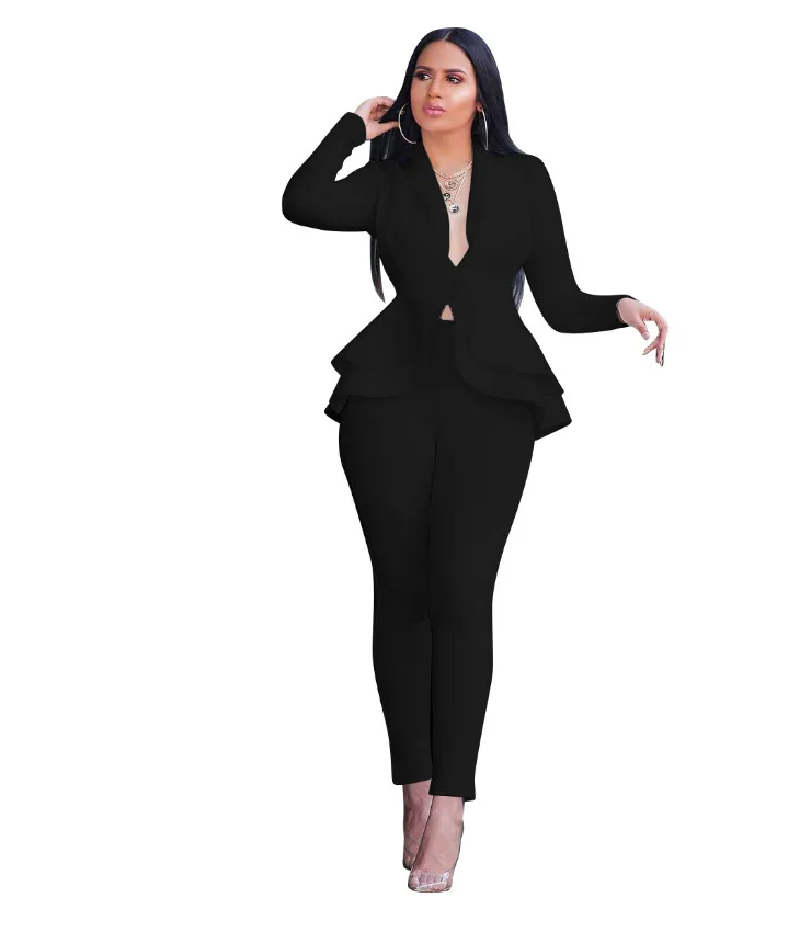 Office Ladies Blue Pink 2 Two Piece Set Top and Pants Elegant Female Casual  Business Matching Outfits Women Clothing Color: Black, Size: L