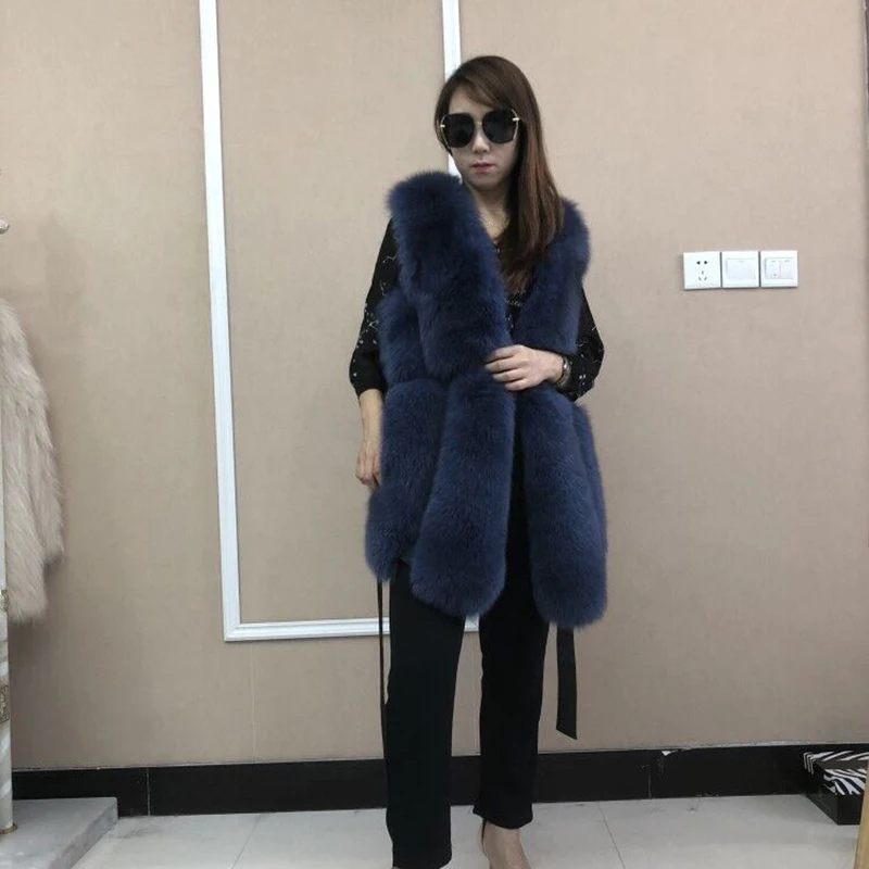 

2019 new real natural fur fox vest ladies long belt slim slimming fashion vest
