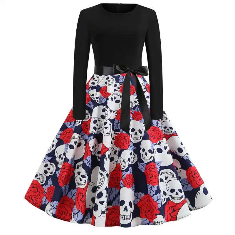 

Womens Autumn Vintage Dress Long Sleeve Round Neck Printing Vestidos 2019 Winter Halloween Ladies A-line Swing Party Dresses