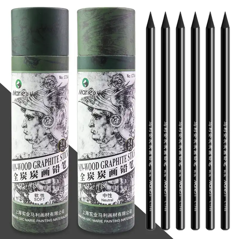 Marieu0027s Full Charcoal/Carbon Pencils 24pcs Soft/Medium Non-wood Graphite  Sticks Pens Painting Charcoal Pencil Students Supplies