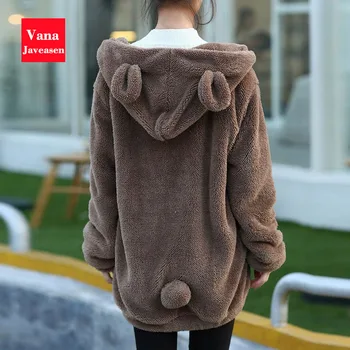 

Woman Hoodies Tops Loose Fluffy Bear Ear Zipper Hoodie Ladies Warm Outerwear Coat Cute Sweatshirts Outer Clothing Autumn Winter