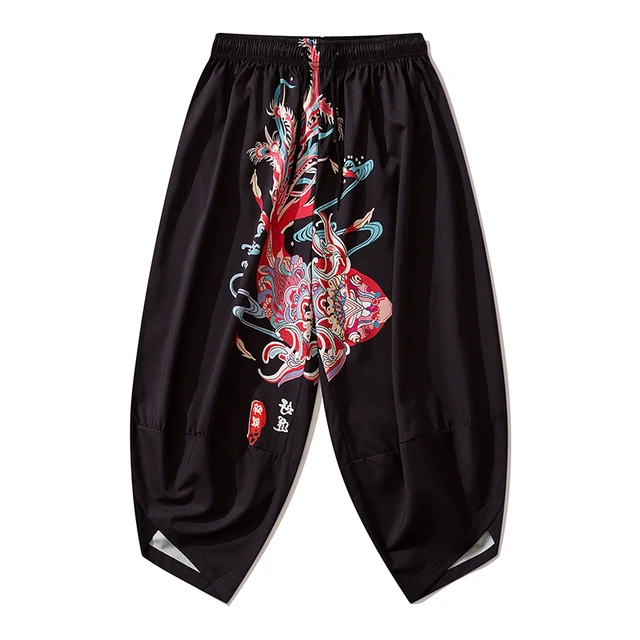 Bebovizi 2020 Japanese Style Harajuku Men Trousers Sakura Samurai Costume Loose Fashion Women Traditional Bloom Pants Haori 1606