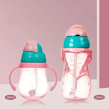 

260ML/330ML Baby Kids Cup Children Learning Feeding Drinking Water with Straw Handle Outdoor Drinking Bottle Silicone Sippy