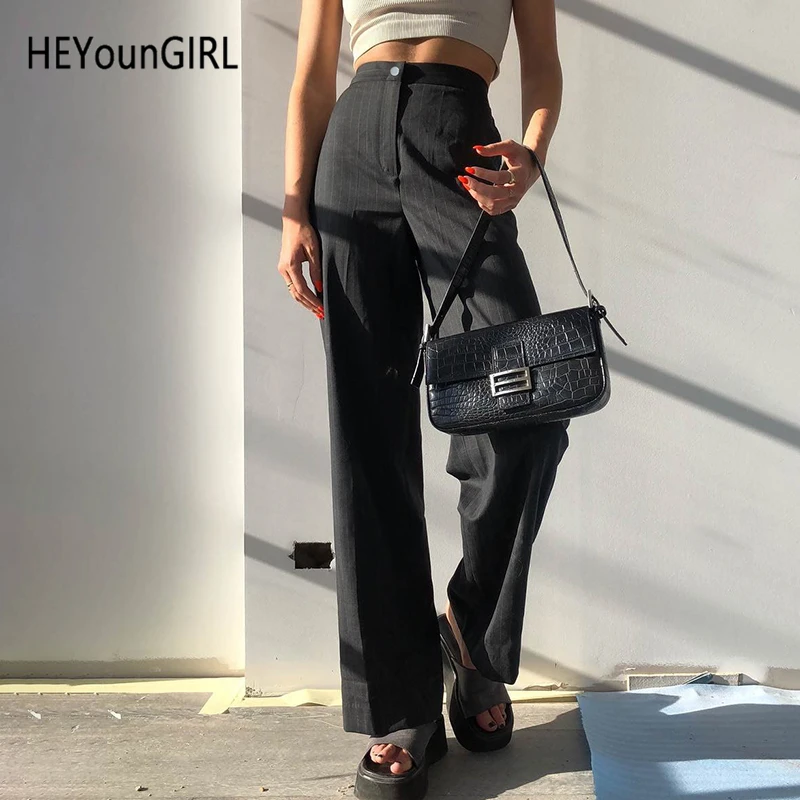 HEYounGIRL Элегантные повседневные черные штаны в полоску костюм с высокой талией брюки женские корейские модные женские карманы брюк уличная