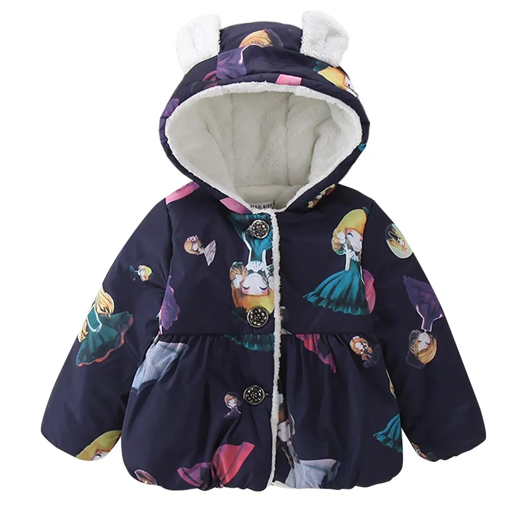 Новая зимняя одежда детская зимняя теплая куртка-пуховик с принтом и пуговицами для девочек пальто с капюшоном верхняя одежда и пальто Прямая