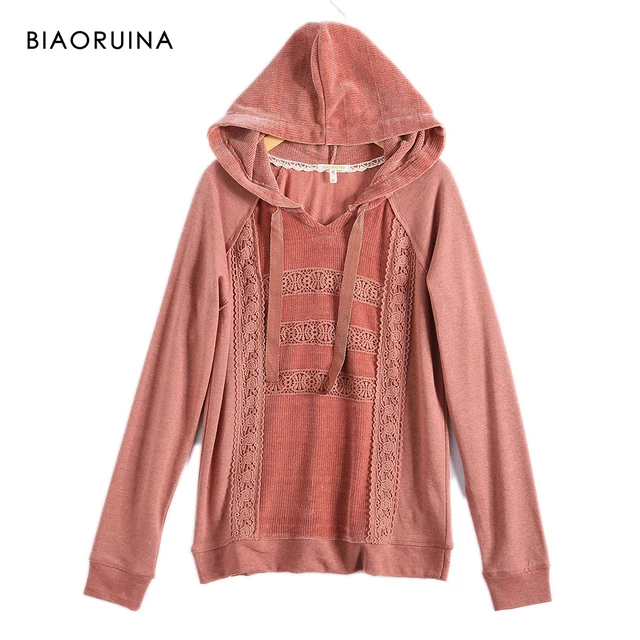 US $5.16 BIAORUINA Women's Terry Floral Lace Patchwork Sweet Hoodies Female All-match Casual Hooded Sweatshi