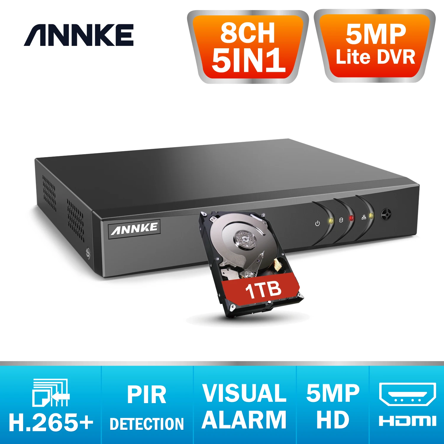 ANNKE 8CH 5MP Lite 5in1 AHD DVR support CVBS TVI AHD Analog IP Cameras HD P2P Cloud H.265+ VGA Video Recorder