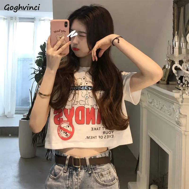 Short Sleeve T-shirts Women Crop Top Cartoon Printed Loose Slender  All-match Street Wear Korean Girls New Fashion Casual Chic