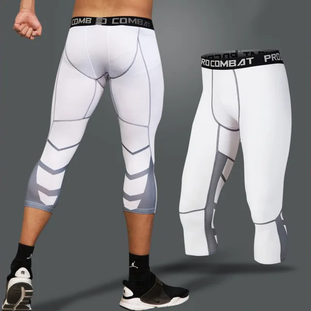 Men's Lycra Compression Pants Cycling Running Basketball Soccer Elasticity Sweatpants Fitness Tights Legging Trousers Rash Guard 1606-White Gray