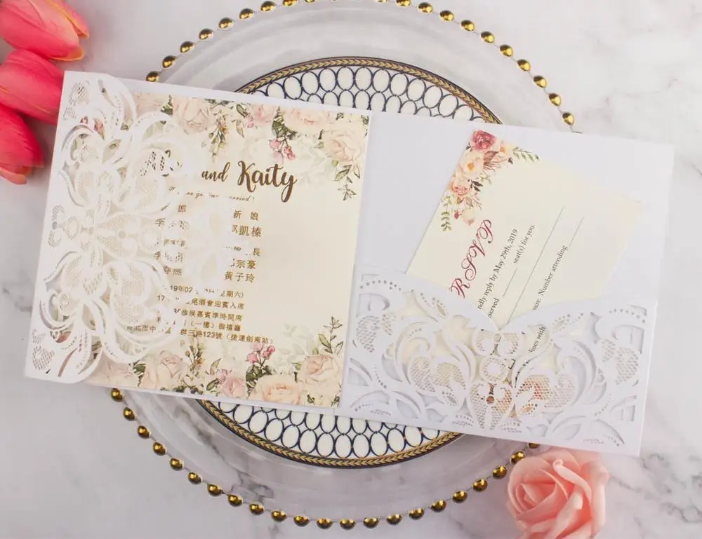 10pcs/lot pearl paper square pocketfold cards Laser Cut Wedding invitation Cards three folded Greeting cover for party supplies