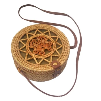 

Woven Rattan Bag Round Straw Shoulder Bag Beach HandBags Women Hollow Handmade Messenger Crossbody Bags