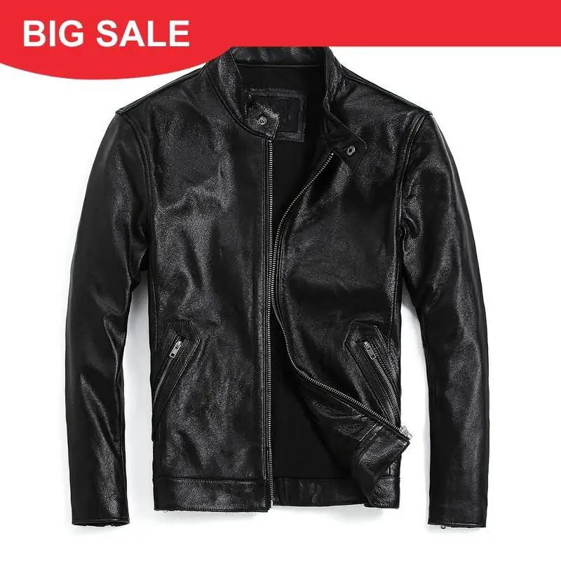 

2020 Black Men Slim Fit Motorcycle Leather Jacket Stand Collar Plus Size XXXXL Genuine Cowhide Spring Biker's Leather Coat