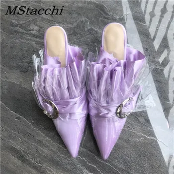 

MStacchi New Summer Women High Heels Shoes Woman Runway Pleated Buffels Satin Slippers Ladies Crystal Buckle Wedding Party Shoes