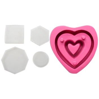 

4Pcs Round Square Hexagon Octagon Coasters Resin Casting Molds with I Love Your Heart Shape DIY Clay Cement Mold