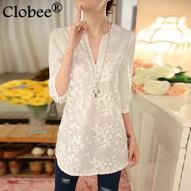 2020 New Summer Korean Women Blouse Flower Print V-neck Organza Embroidered Shirt White Lace Top Plus Size T69406 | Женская одежда