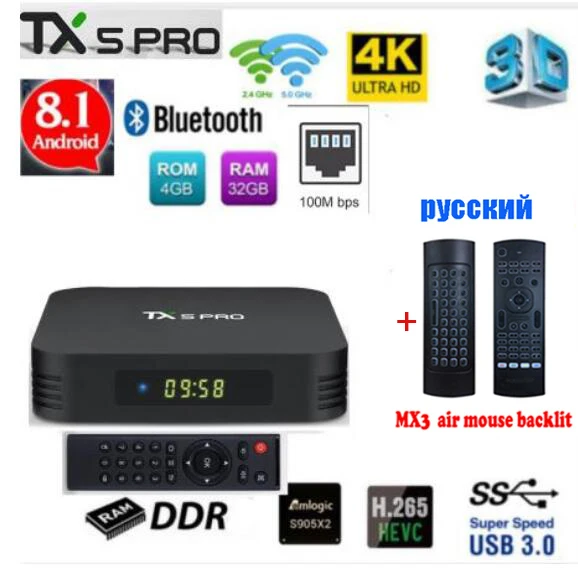 TX5 max PRO DDR3, 4 Гб ОЗУ, 32 Гб ПЗУ, 2,4 ГБ, 5 ГБ, WiFi, 100 м, LAN, Bluetooth, Android 8,1, ТВ-приставка Amlogic S905X2, четырехъядерный, 4 K, смарт-бокс - Цвет: TX5 PRO MX3 backlit