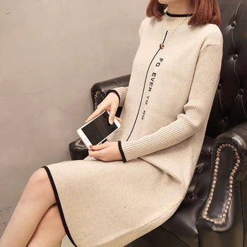 

Plus Size 2019 Autumn Winter Women Korean Style Print Letter Sweater Dress O-neck Office Lady Fashion Knitted Straight Dresses