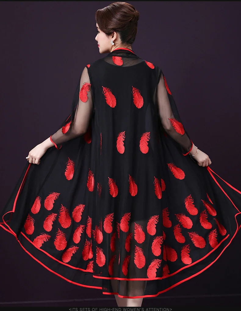 Retro Vintage Embroidery Middle Age Women's Two Piece Dresses Summer Dress Elegant Retro Plus Size Office Wear Dress HJ295