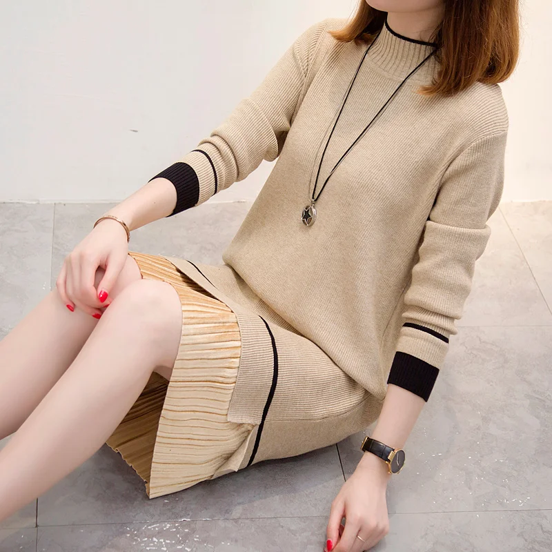 Khaki XL-4XL размера плюс женский зимний свитер платье мода Водолазка с длинным рукавом лоскутное Плиссированное гофрированное трикотажное платье - Цвет: Khaki