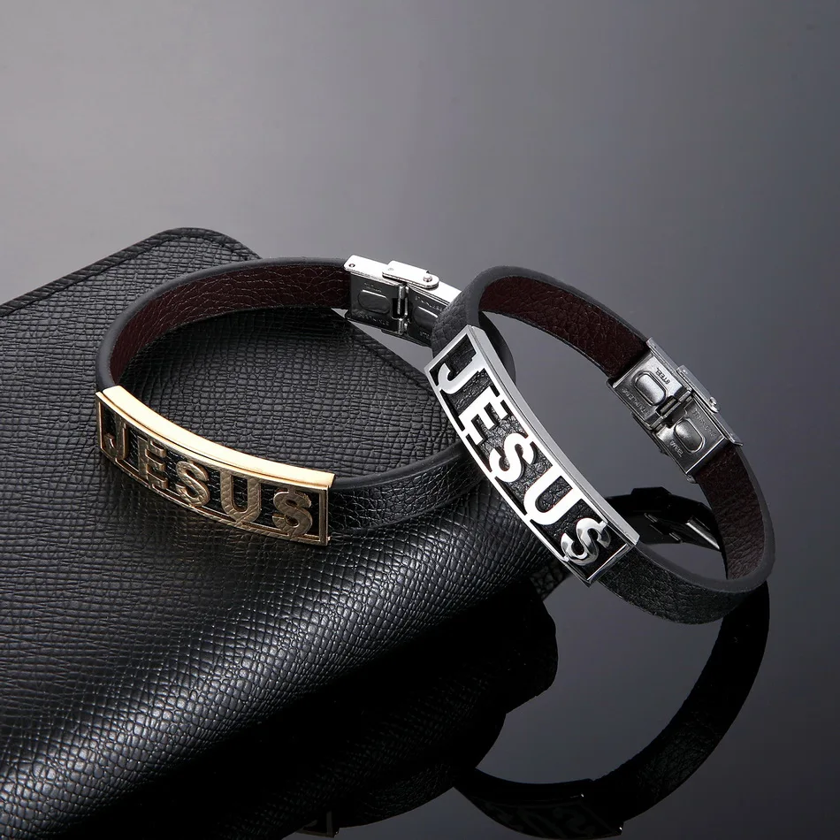 Religious Christian Jesus Bracelets Stainless Steel Leather Cuff Bangles Jewelry Accessories Gifts for Women Men 2
