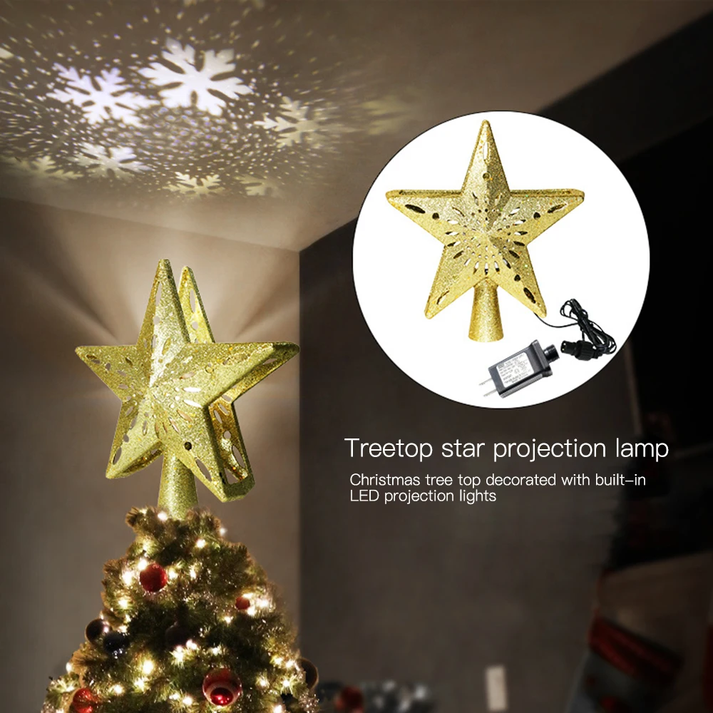Christmas 3D Flashing Stars Christmas Tree Top Decoration LED Rotatable Stars Snowflake Projection Lights Christmas Tree Pendant