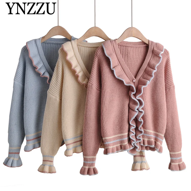 

V-neck ruffles Women Knit cardigan Pearl buttons Autumn Winter Female sweater 2019 Fashion Loose casual Short Jumper YNZZU YO949