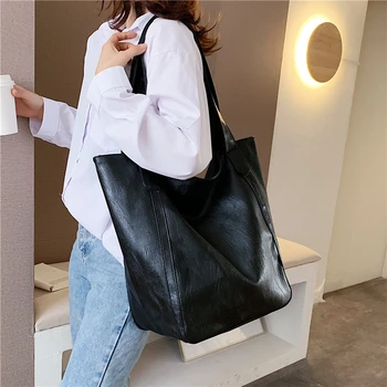 

New Vintage Large Capacity Soft Shoulder Bag For Women Office Ladies Big Work A4 Handbags High Quality PU Leather Tote Bags