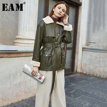 

[EAM] Loose Fit Green Bandage Split Pu Leather Big Size Jacket New Lapel Long Sleeve Women Coat Fashion Tide Spring 2020 1N35106