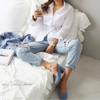Ladies Vintage Loose Blouse Women Shirt Casual Workwear Office Lady Soft White OL Style Women