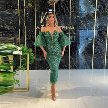 

Green Mermaid Evening Dresses Tea Length Sweetheart Sequin Formal Prom Gowns Women Club Party Dress