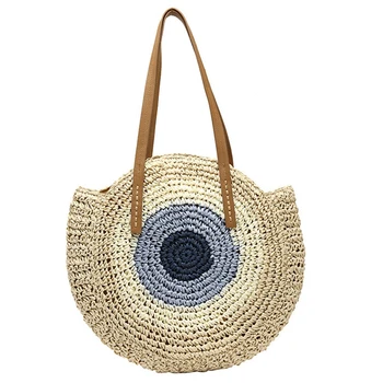 

Straw Bag Women'S Fashion Shoulder Bag Center Round Rattan Straw Hand-Woven Bohemian Large Size Beach Bag Beige