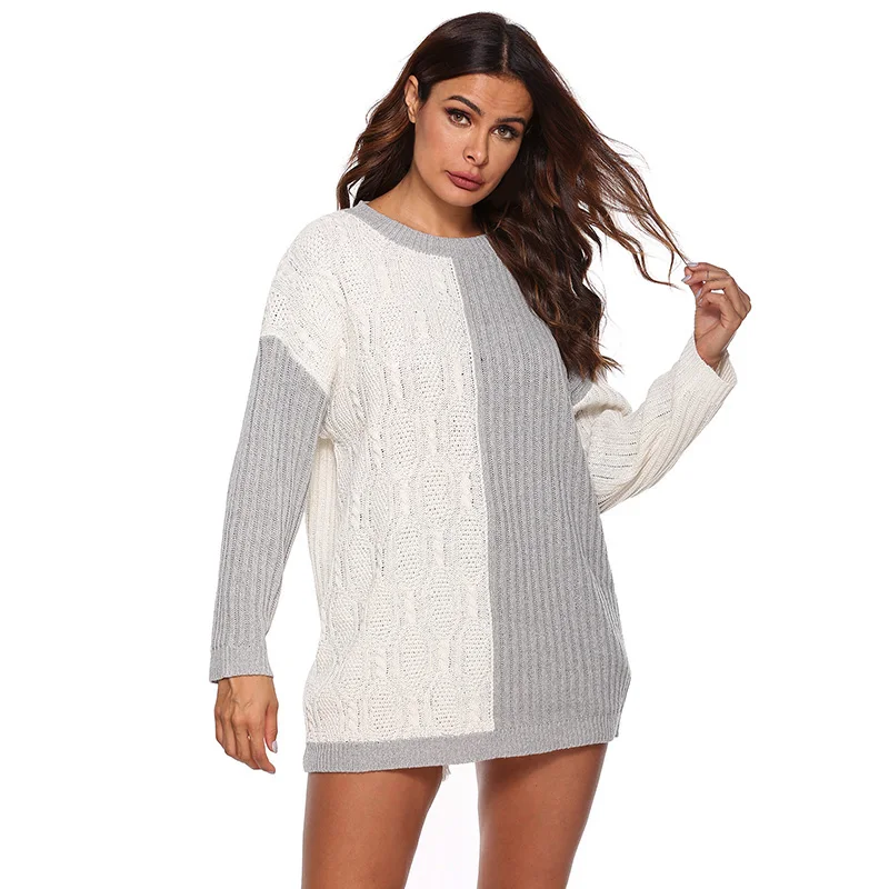 

Autumn Winter Patchwork Fashion Knitted Long Sweaters Women Loose Casual Round Neck Long Sleeve Pullovers Female Sweater Jumper