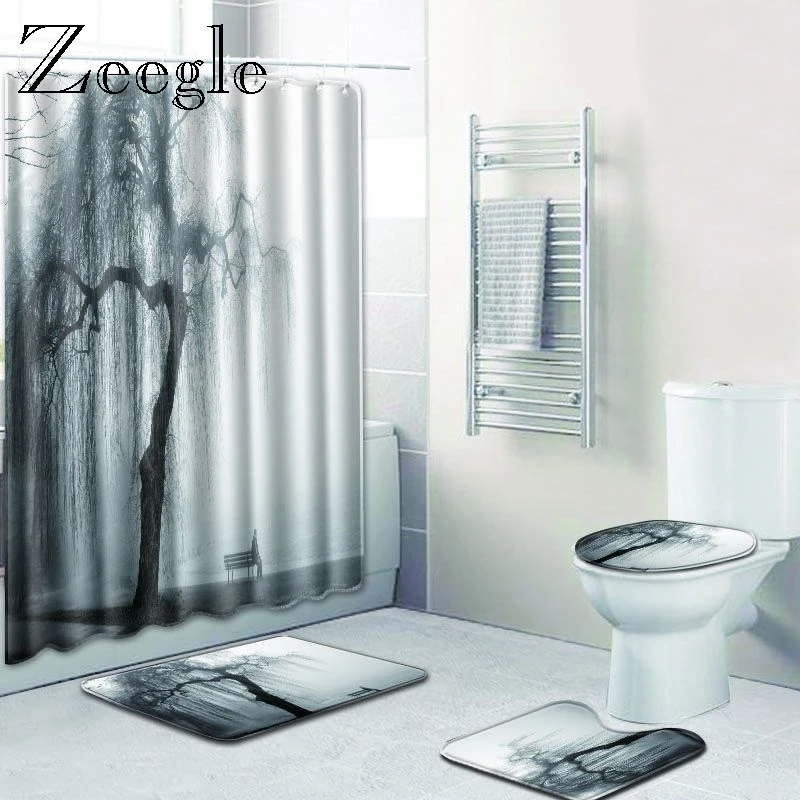 Zeegle Bath Mat Set Print Pattern Shower Curtain Toilet Seat Cover Waterproof Toilet Shower Curtain Bathroom Curtain with Hooks