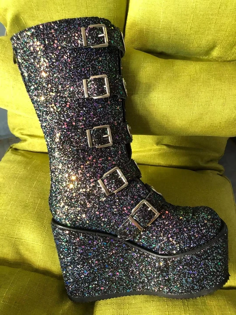 Women Fancy Glitter Buckle Strap Platform Boots K89910