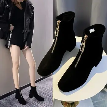 

Thin female boots autumn 2019 new wild thick with winter front zipper boots with the net red Martin boots tide
