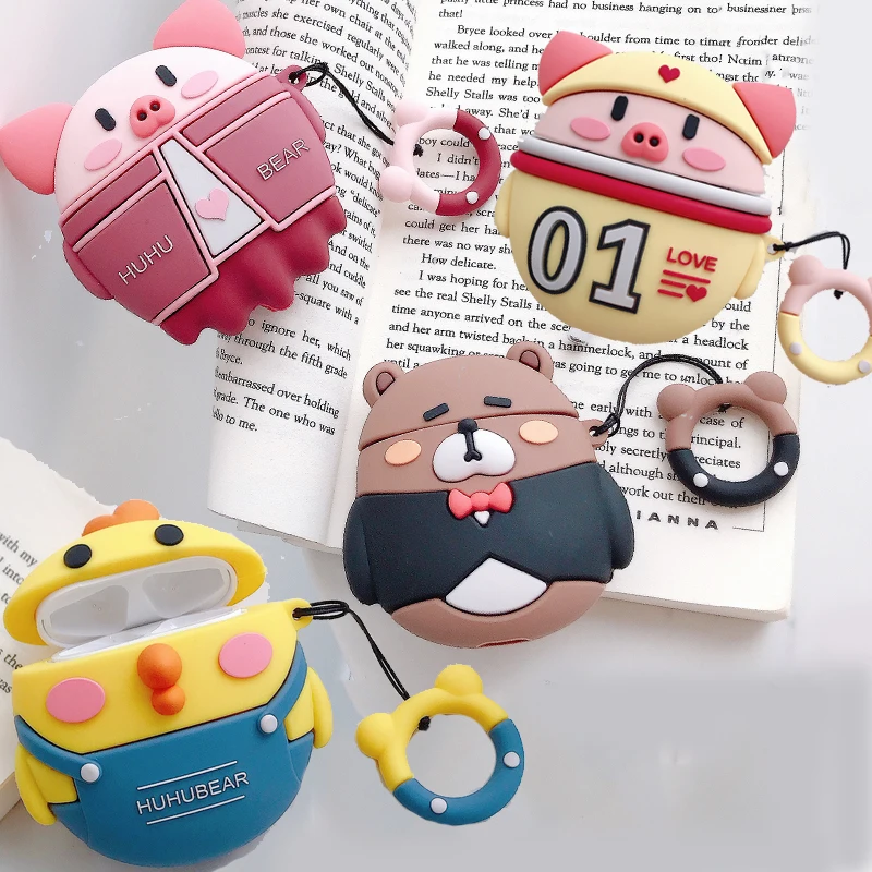 Милый мультфильм Свинья медведь; цыпленок Earpods чехол для Apple Airpods 1 2 Kawaii беспроводные наушники Защитная крышка с палец кольцо ремень