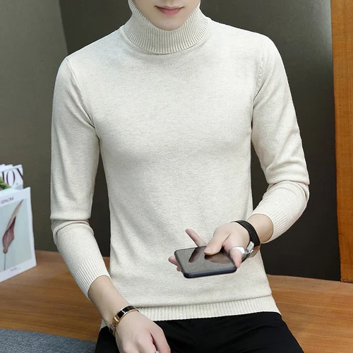 beige Зимний теплый свитер мужской моды Водолазка мужская эластичная сила Slim Fit Повседневный пуловер свитер вязаная одежда Pull - Цвет: beige