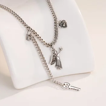 

S925 Sterling Silver Necklace Temperament Long Section With Ange Key Necklace For Fashion Temperament Student Women Pendant