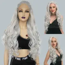 Ebingoo свободная часть длинные натуральные волнистые высокотемпературные волокна серебристо-серый синтетический парик на кружеве для женщин девочек 26 дюймов