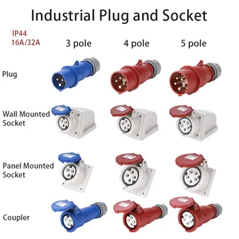 

Industrial Plug and Socket 16A 32A 3 pole 4 pole 5 pole ip44 Wall Mounted Socket Panel Mounted Coupler Waterproof 220V 380V 415V