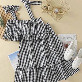 

Women 2 Pieces Set Summer 2020 New Fashion Plaid Tank Top and Mid-Calf Skirt